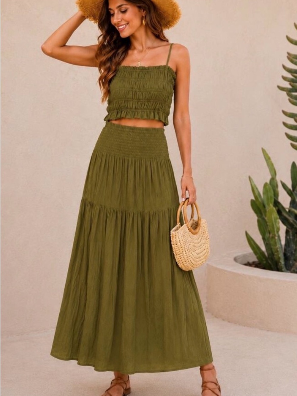 Japna Olive Smocked Crop Top & Tiered Maxi Skirt Set